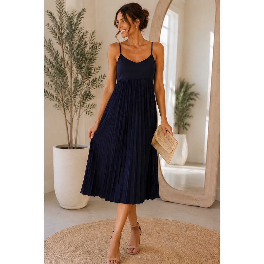 NWT Navy Blue Pleated Midi Dress Wedding Party Minimalist Summer Resort Sz M - Picture 1 of 12